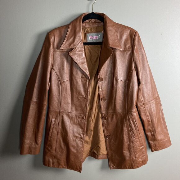 Wilsons Leather Jacket Women's M Medium Brown Tobacco Coat pointed collar - Picture 2 of 12